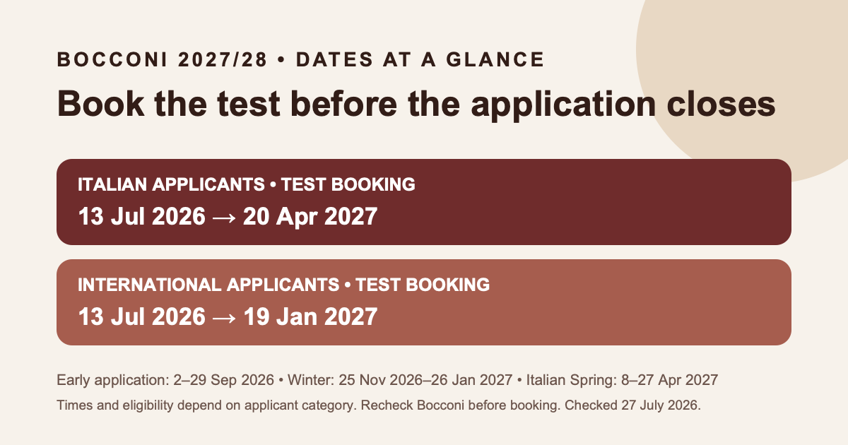 Bocconi 2027/28 test booking and application windows for Italian and international applicants